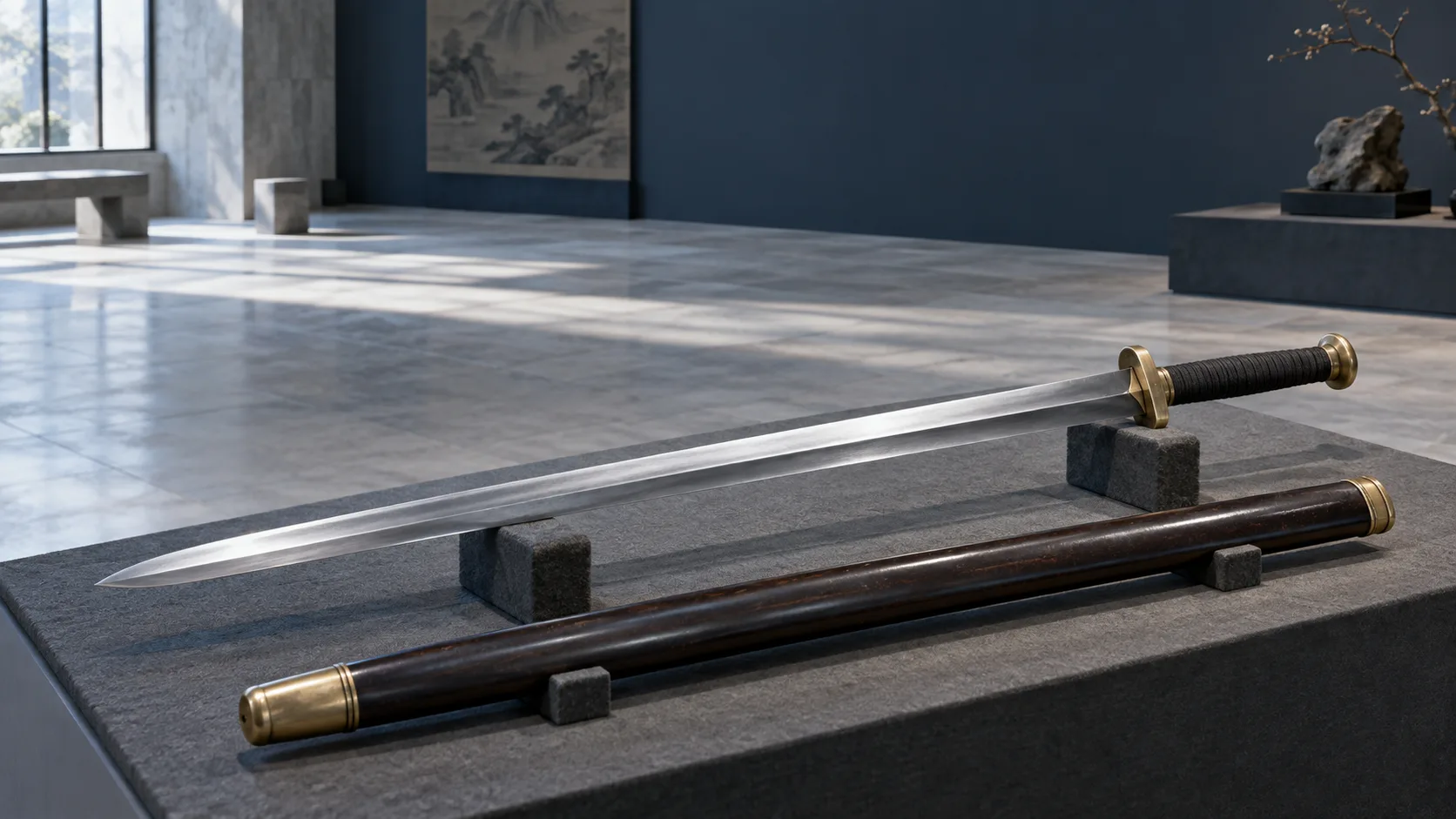Photographie conceptuelle générée par IA d’une épée droite chinoise sobre et de son fourreau en bois sombre, présentés sur des supports rembourrés dans une galerie fictive.