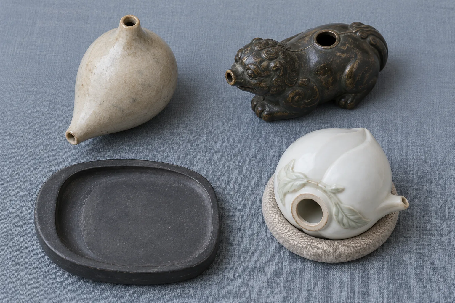 Photographie conceptuelle générée par IA, vue du dessus, comparant trois compte-gouttes de lettré chinois fictifs aux matières, ouvertures de remplissage et becs différents