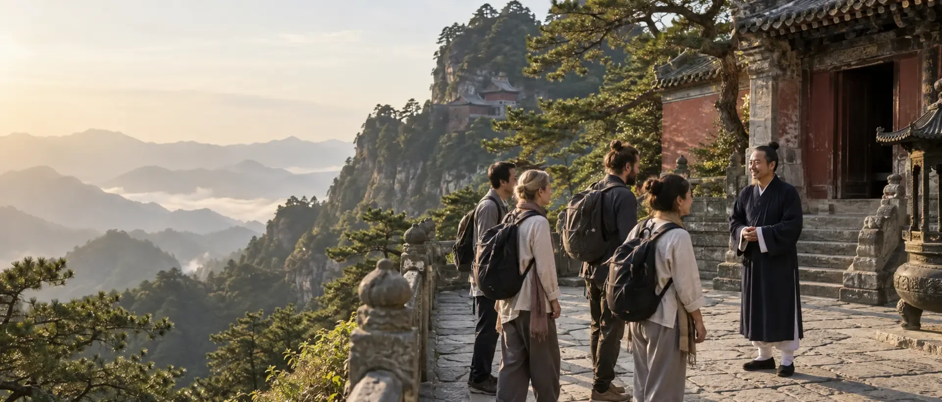 Un petit groupe arrive dans la cour d’un temple historique du Wudang et est accueilli par un enseignant local.