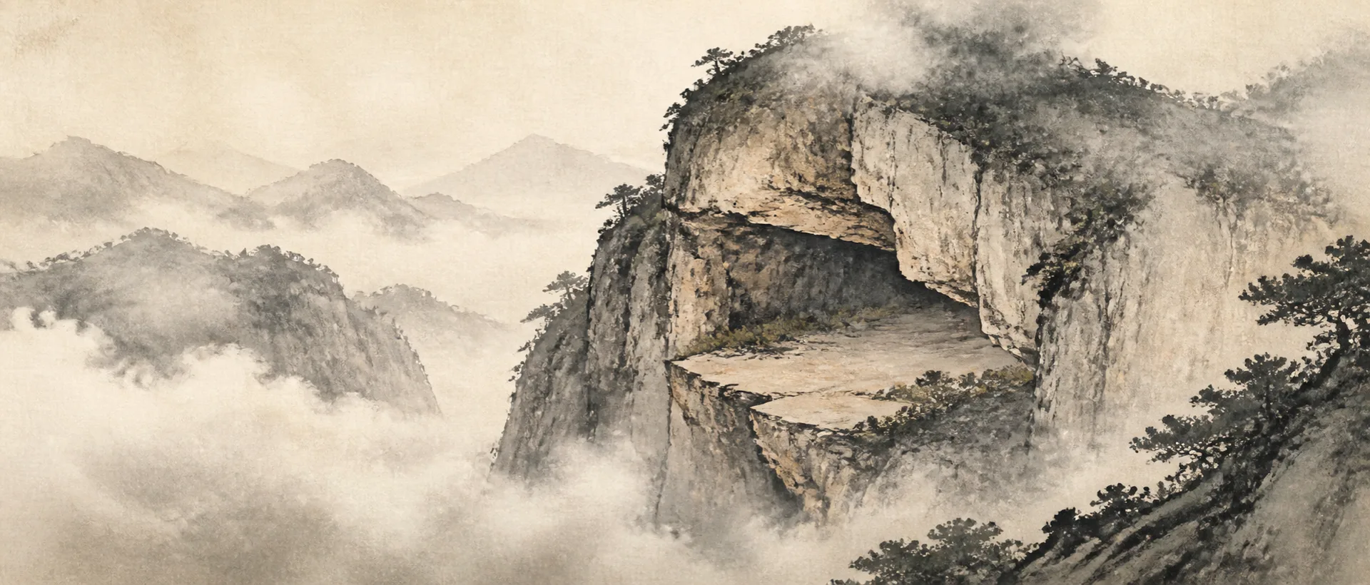 Ink-wash illustration of a steep mountain cliff with a sheltered ledge rising above a mist-filled ravine