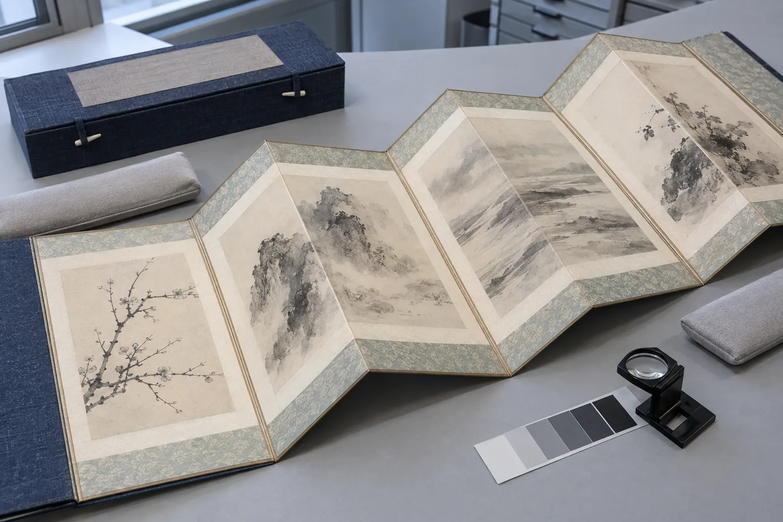 Conceptual AI-generated museum study table with a Chinese painting album opened in a zigzag sequence of separate fictional leaves