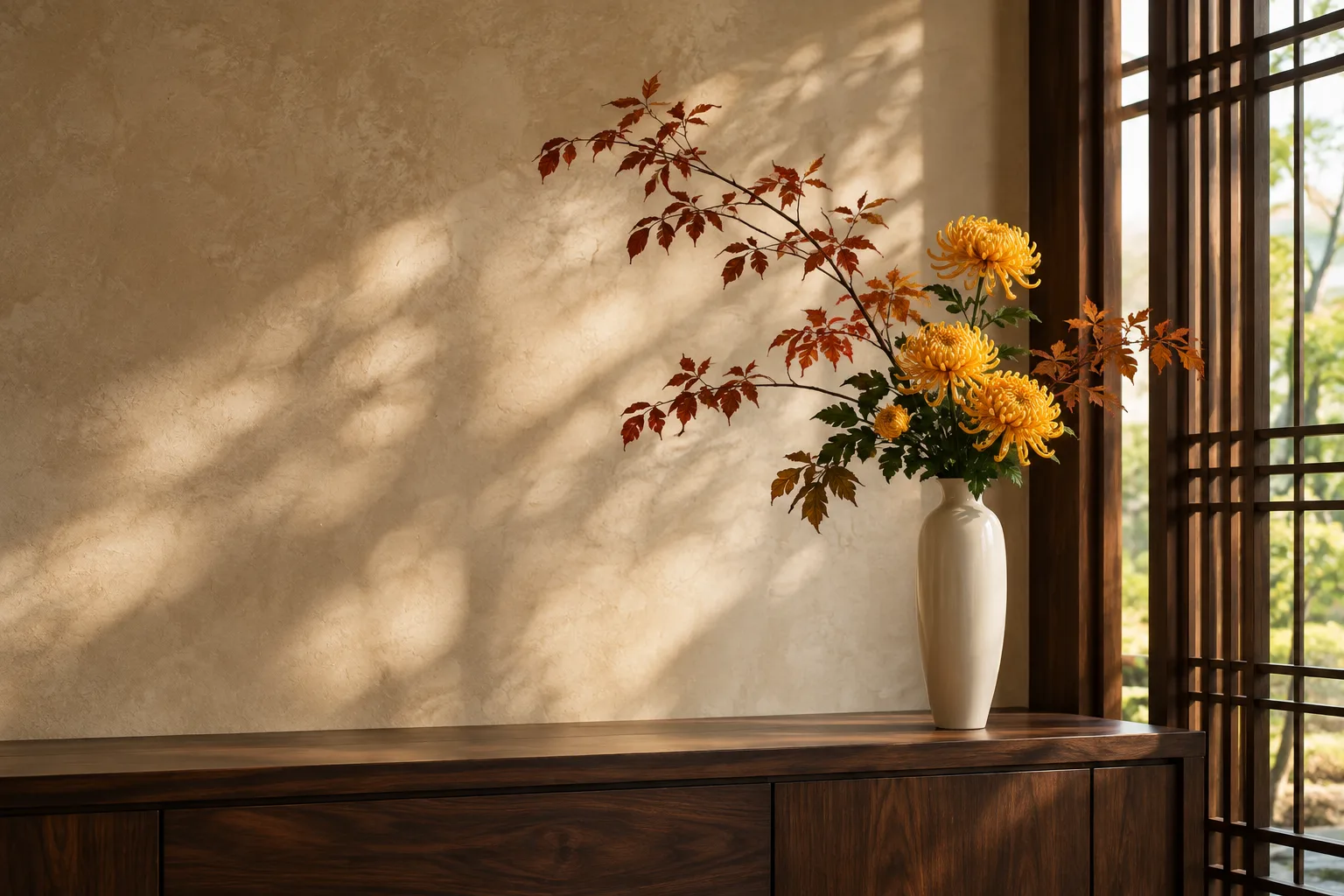 Des chrysanthèmes dorés et des feuilles rousses dans un vase ivoire près d’une fenêtre à treillis en bois