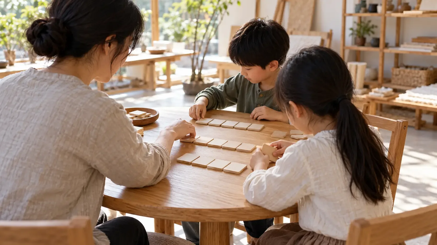 Warm conceptual photograph of an anonymous educator and two children arranging blank wooden tiles in rows around a round table in a modern sunlit studio.