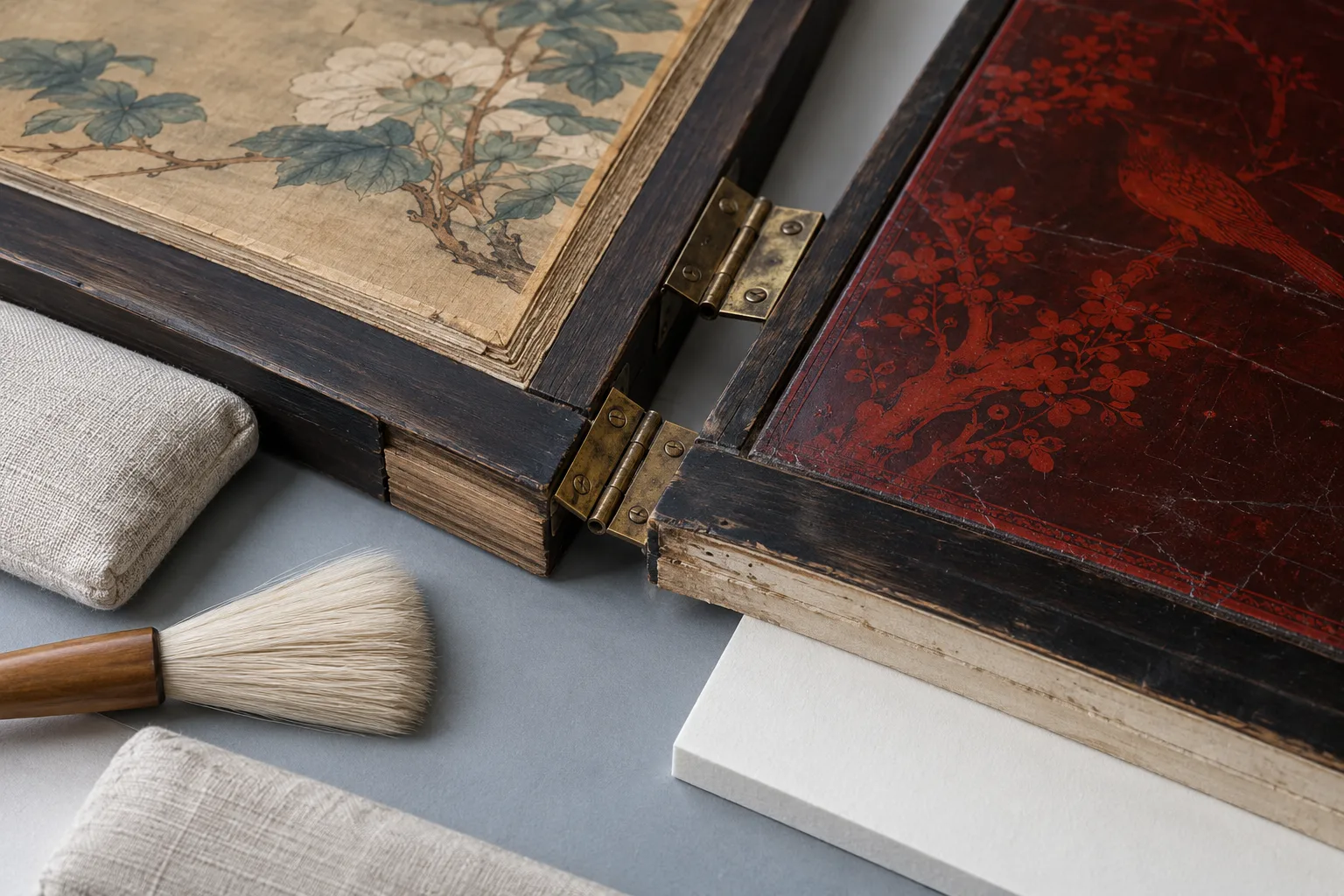 Conceptual close study of two screen-panel edges, brass hinges, layered mounting and a lacquered reverse on a conservation table