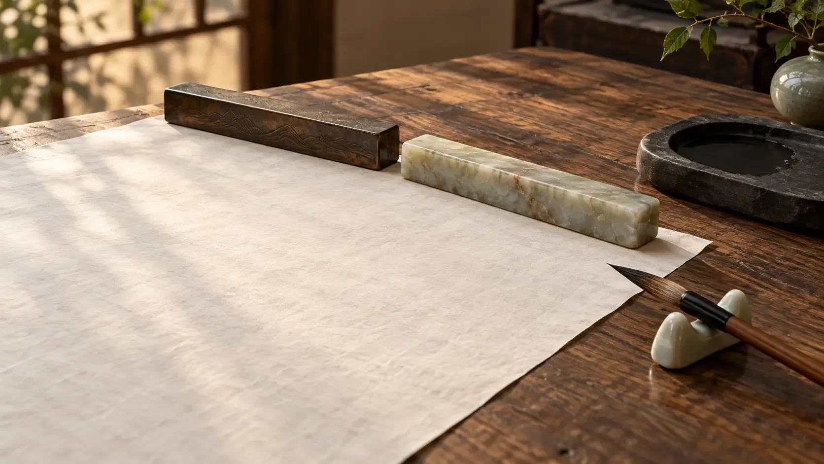 Photographie conceptuelle générée par IA de deux presse-papiers chinois fictifs en forme de barre, près d’une feuille vierge, d’une pierre à encre et d’un pinceau