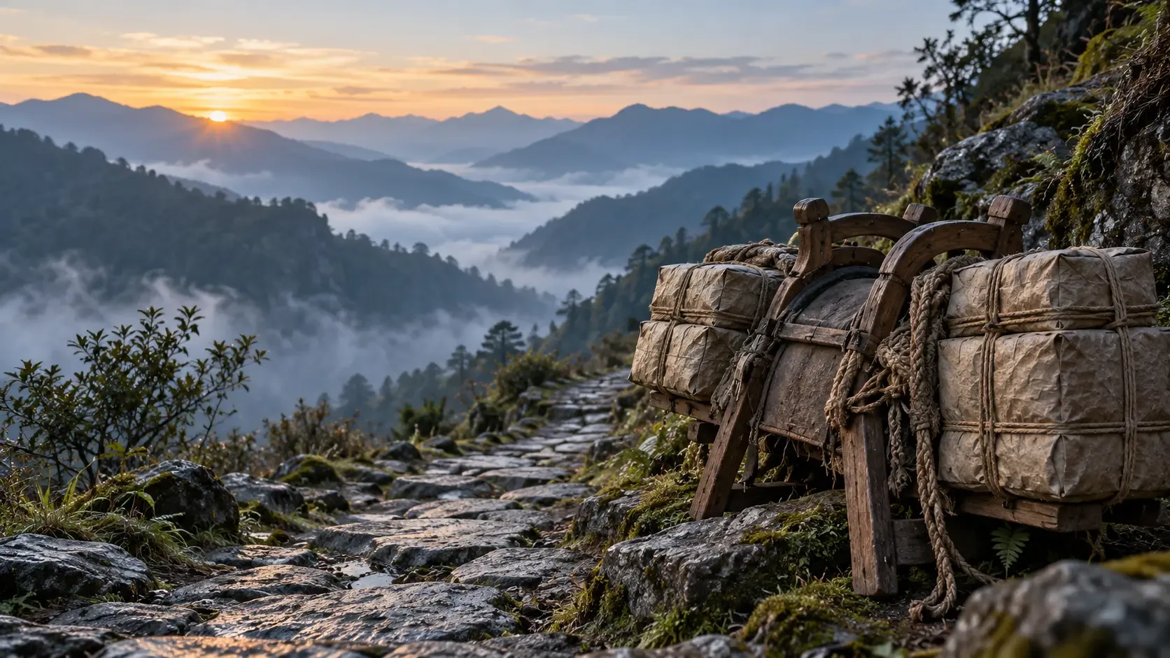 Photographie conceptuelle de ballots de thé sans marque fixés à une selle de bât en bois, au bord d’un sentier montagneux dans la brume