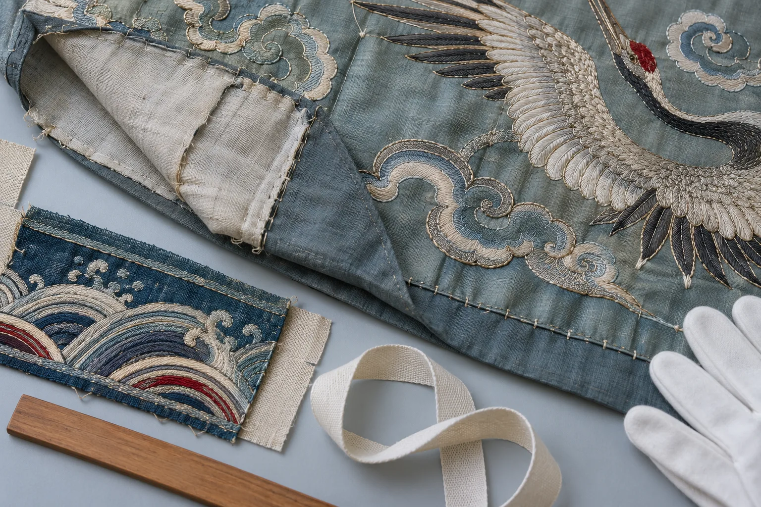 Photographie conceptuelle générée par IA, vue du dessus, de pièces textiles brodées fictives montrant doublure, coutures, fils couchés, grue et bordure de vagues