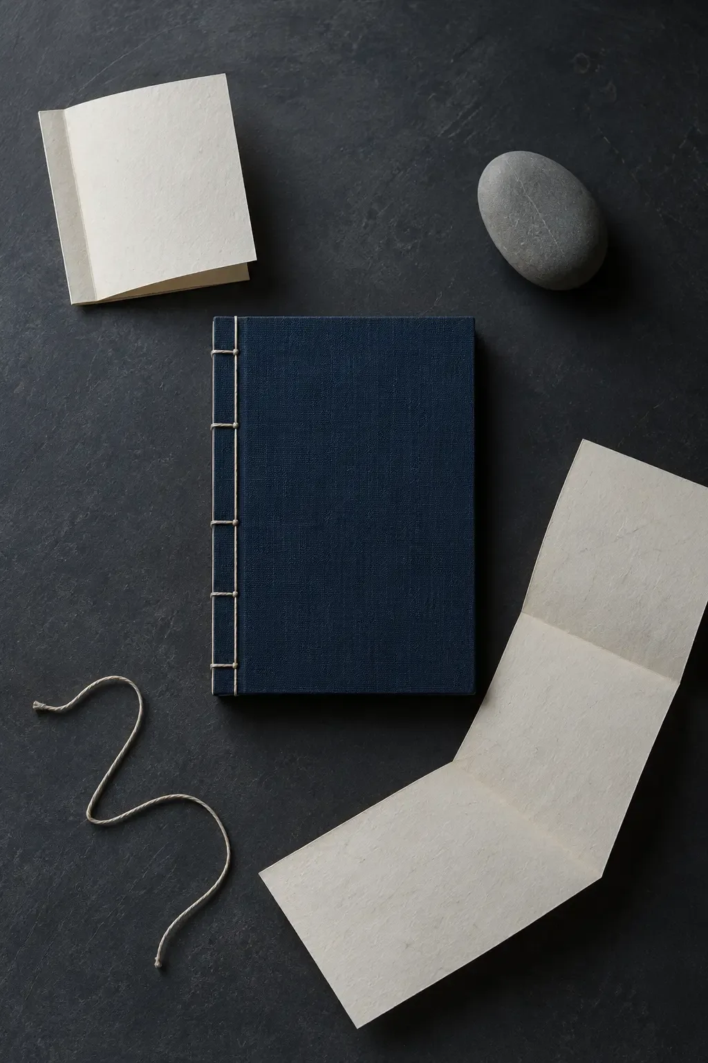 Cool overhead conceptual photograph of a blank folded sheet, a plain indigo thread-bound booklet, a long blank afterword sheet, a gray stone and loose cord.