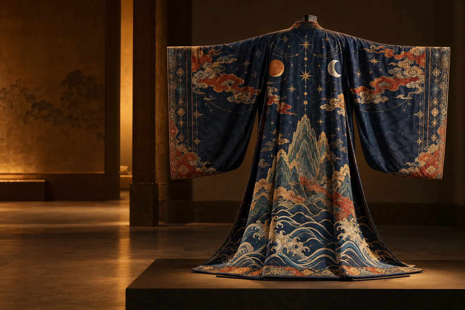 Photographie conceptuelle générée par IA d’une robe cérémonielle taoïste fictive bleu indigo présentée sur un support d’exposition anonyme
