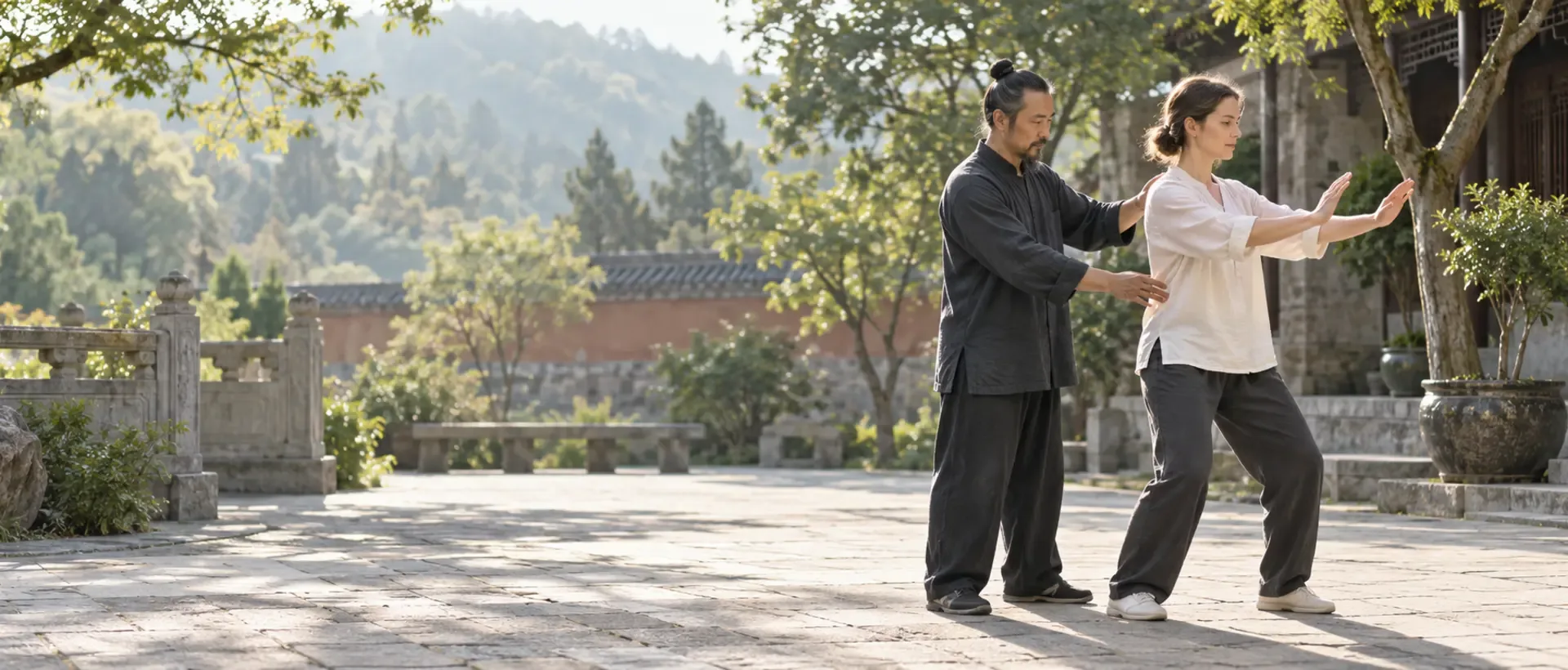 Un enseignant aide une débutante à ajuster une posture simple de qigong debout dans une cour paisible.