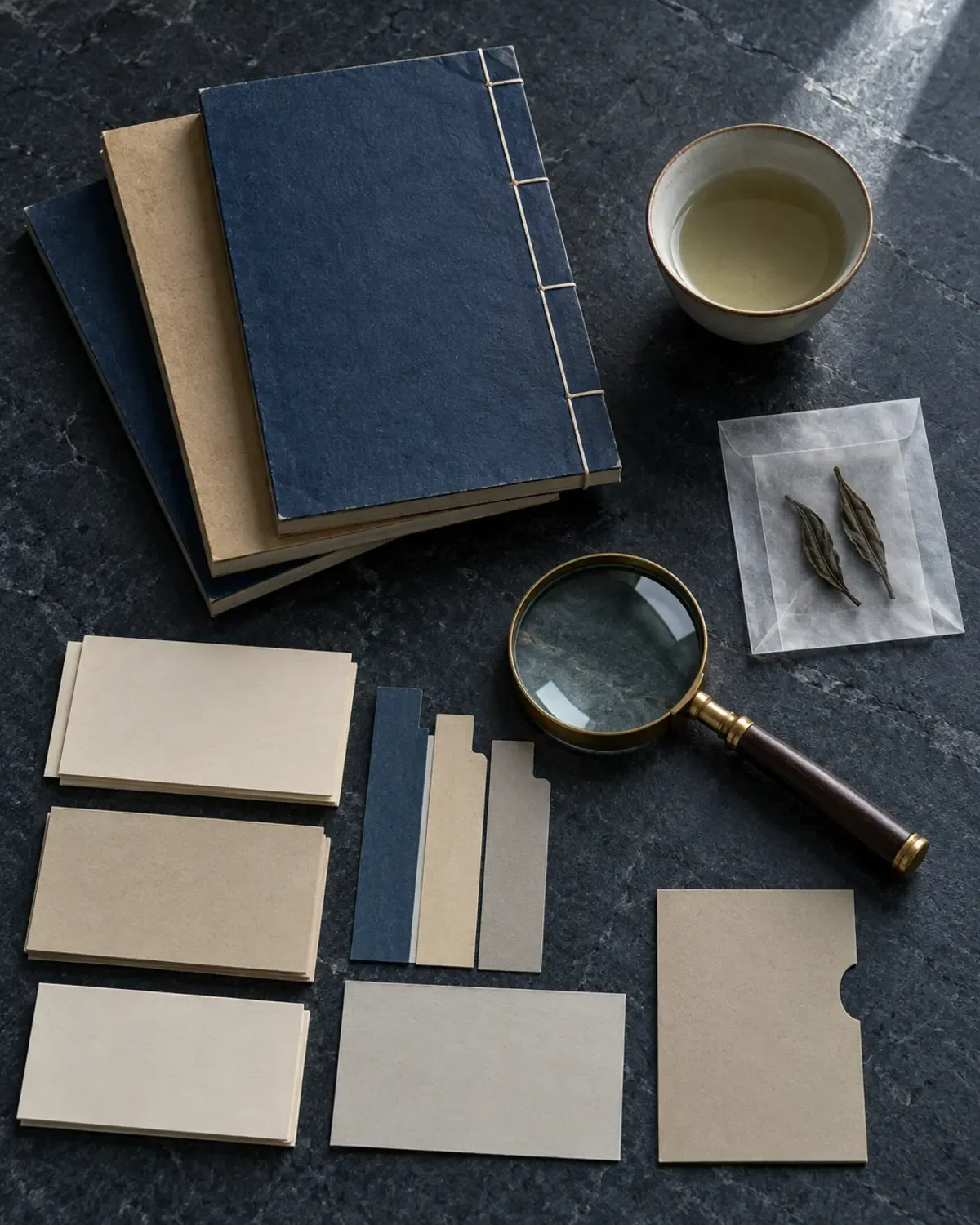 Volumes cousus sans titre, fiches vierges, loupe, feuilles de thé séchées et tasse sobre sur une table de pierre sombre