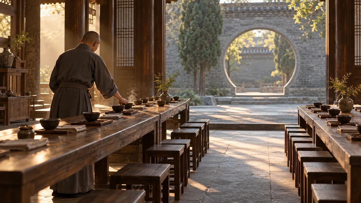 Scène conceptuelle d’un assistant monastique anonyme disposant des bols simples sur de longues tables avant un service formel dans une salle chinoise fictive