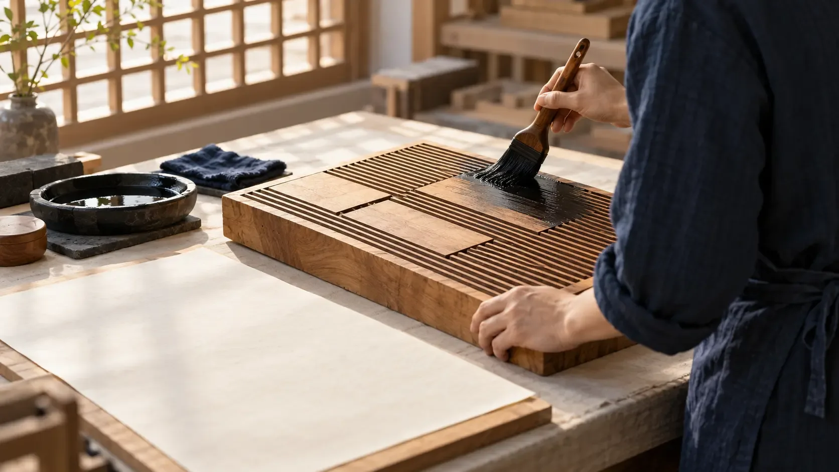 Conceptual photograph of an anonymous contemporary demonstrator brushing ink across an invented blank abstract woodblock beside unmarked paper