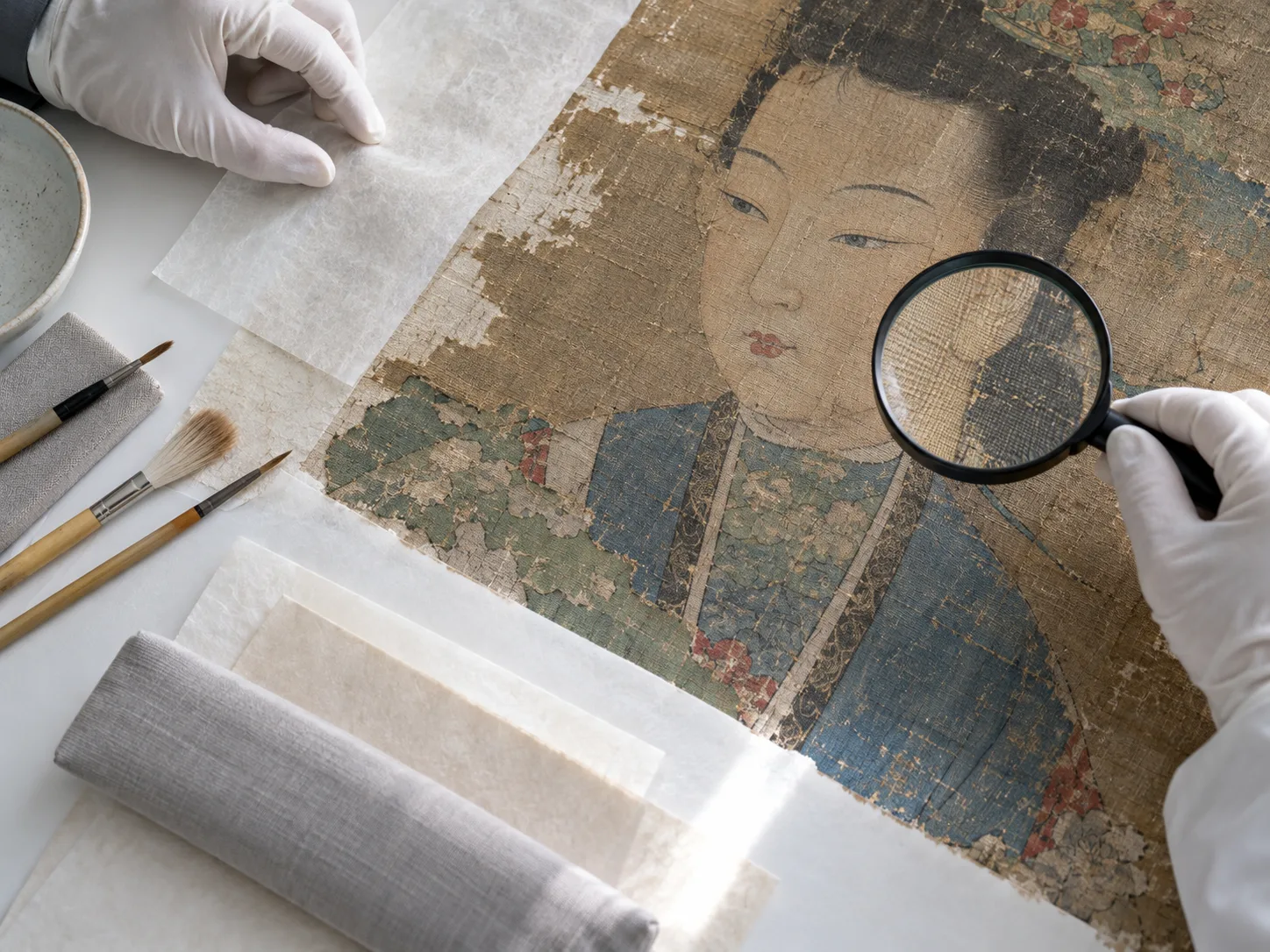 AI-generated overhead conceptual conservation study of a fictional painted portrait fragment, gloved hands and paper tools on a cool grey table