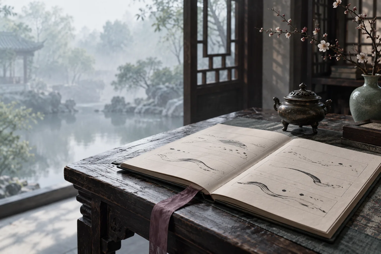 Photographie conceptuelle générée par IA d’un album fictif ouvert, marqué de traits rythmiques abstraits, sur une table en bois devant un jardin brumeux