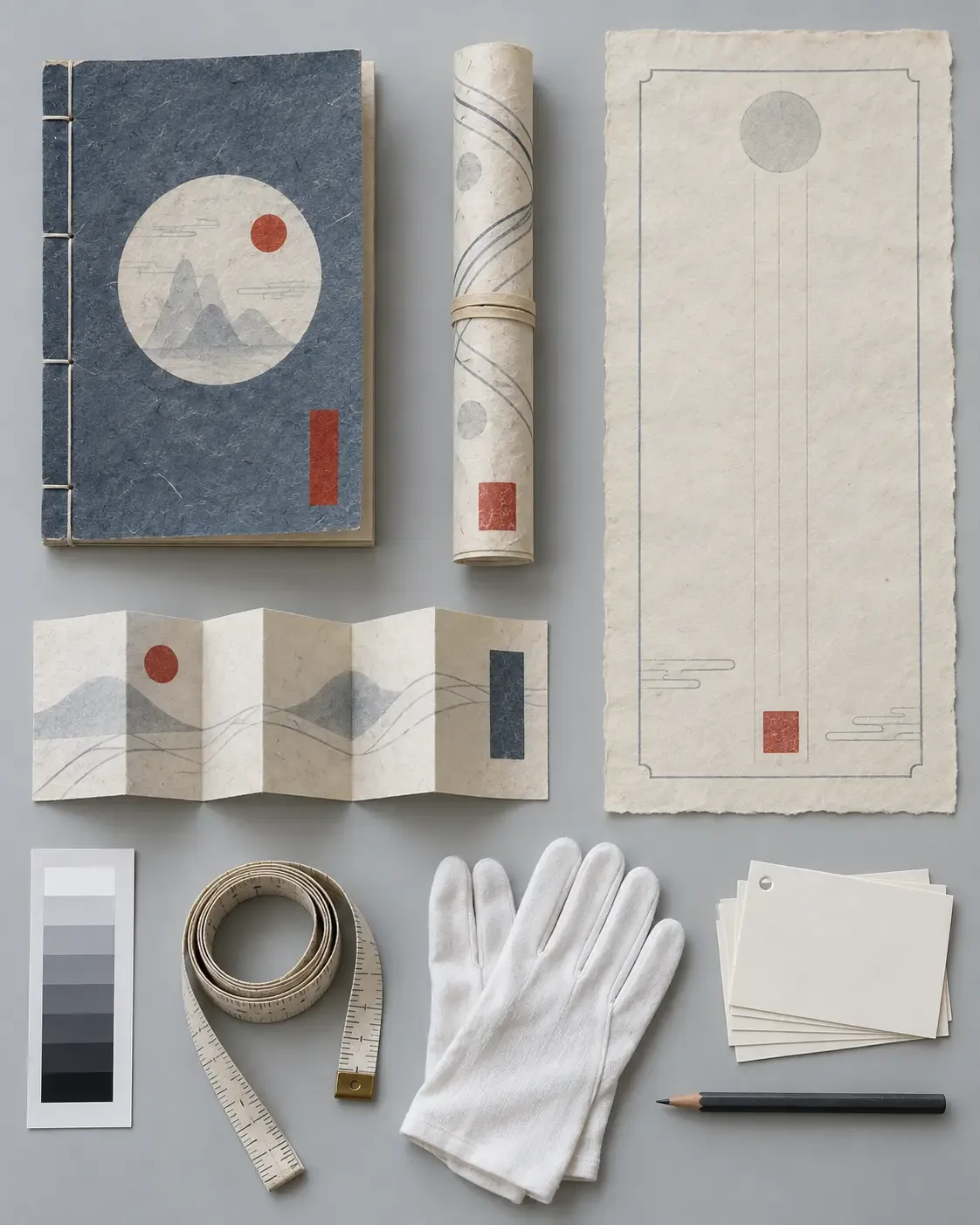 Photographie conceptuelle vue de dessus de quatre modèles documentaires fictifs — livret, rouleau, feuille de certificat et pliage en accordéon — avec échelle de gris, fiches vierges, crayon et gants