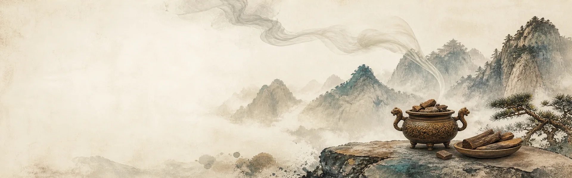 Bronze censer and fragrant wood on a stone ledge above misty mountain peaks