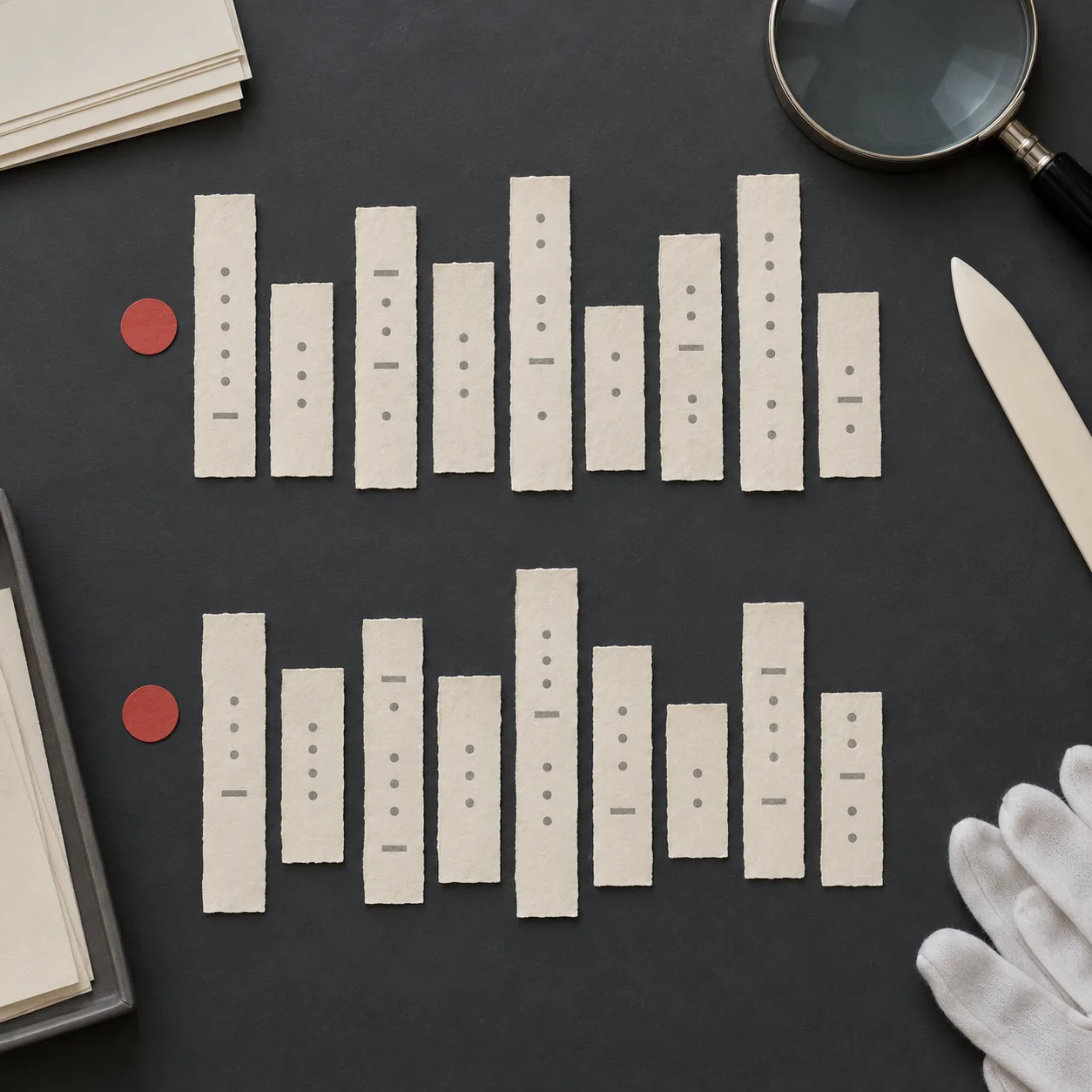 Photographie conceptuelle générée par IA, vue du dessus, de deux groupes de bandelettes vierges de longueurs inégales, ponctuées de points et de tirets sur une table d’étude muséale
