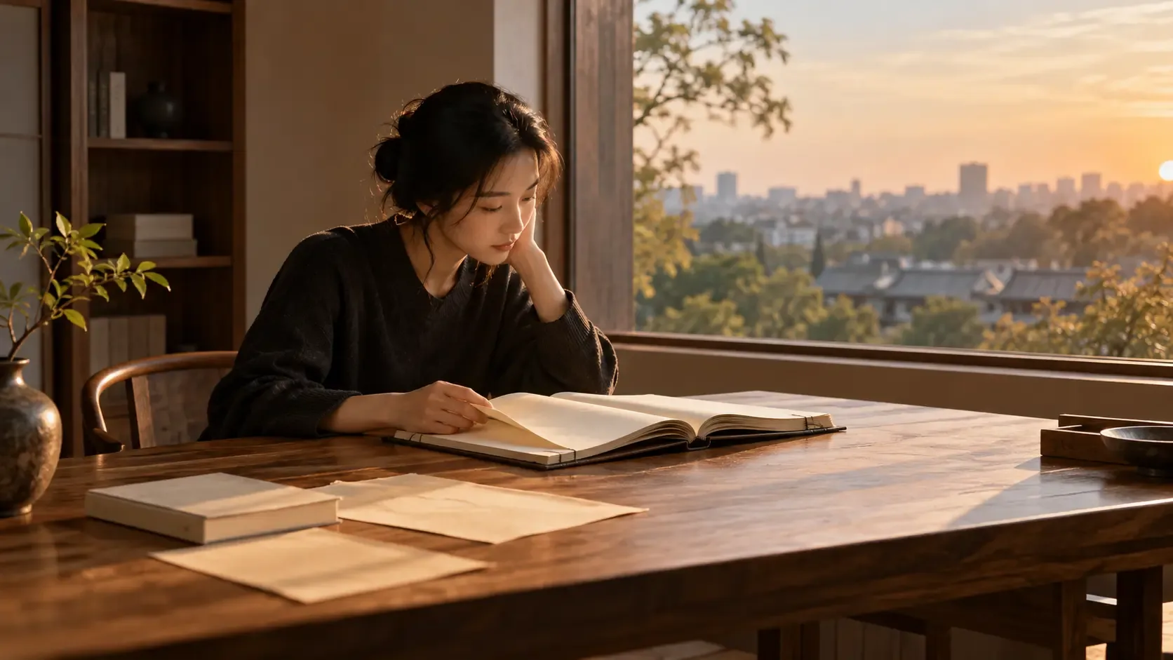 Photographie conceptuelle d’une lectrice anonyme étudiant des fac-similés vierges dans une salle de lecture moderne et chaleureuse, avec la ville au loin.
