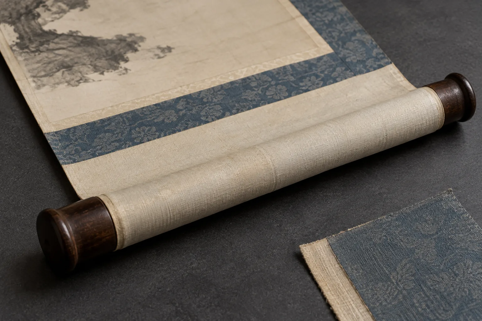 Conceptual AI-generated close-up of the lower roller, cream paper backing and muted-blue silk border of a fictional hanging scroll on a dark study surface
