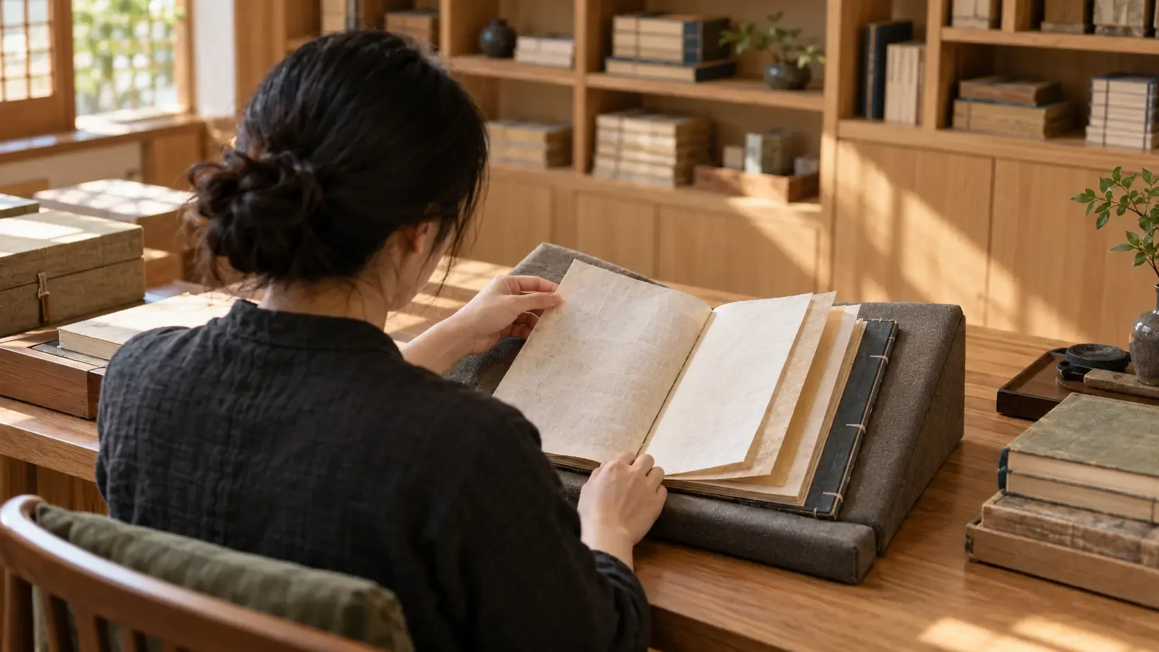 Warm conceptual photograph of an anonymous contemporary reader turning layered blank leaves of a plain thread-bound book on a padded cradle in a fictional reading room.
