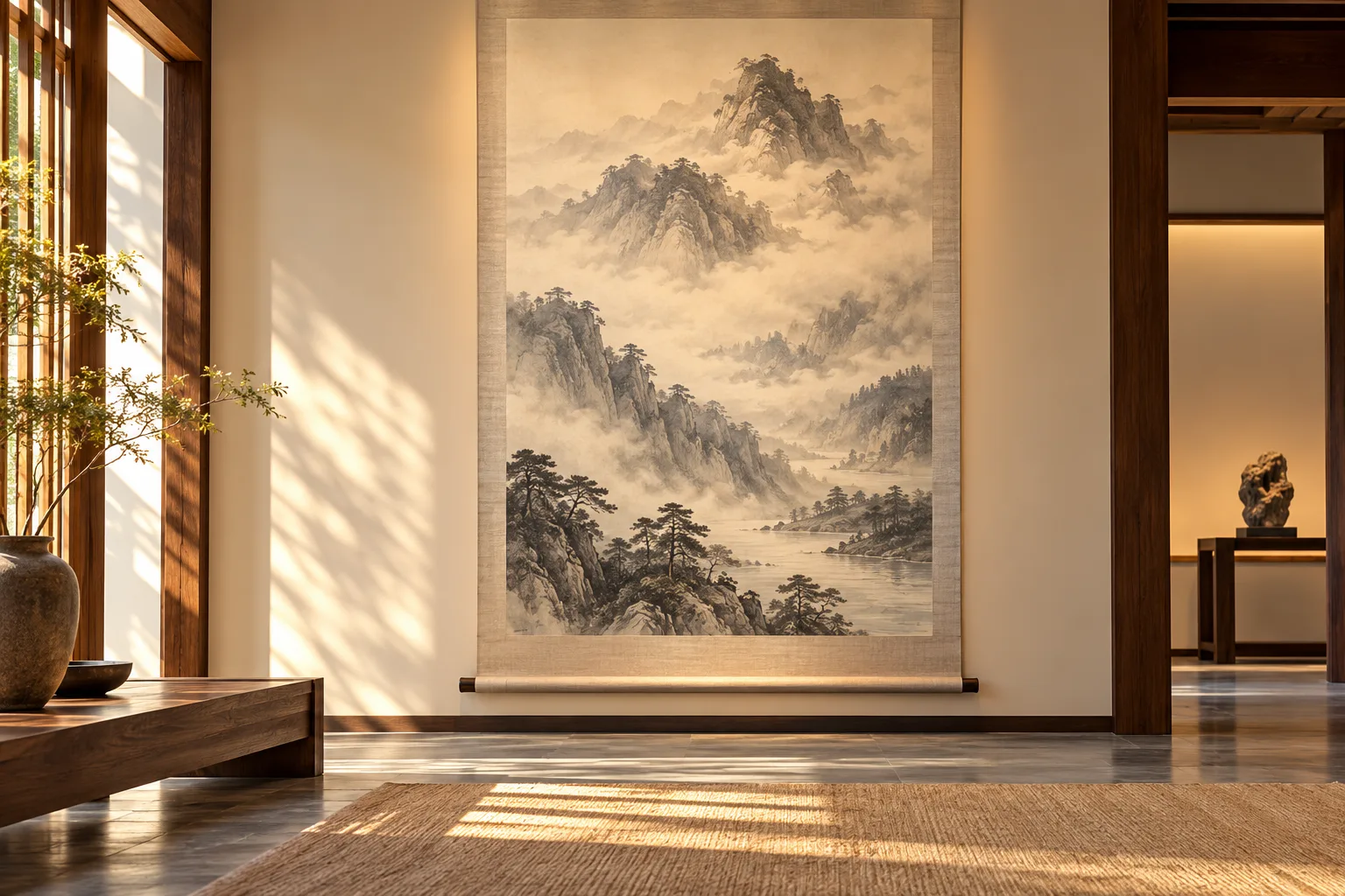 AI-generated warm gallery photograph of a fictional monochrome landscape scroll whose rocks and mist rise toward a high mountain summit