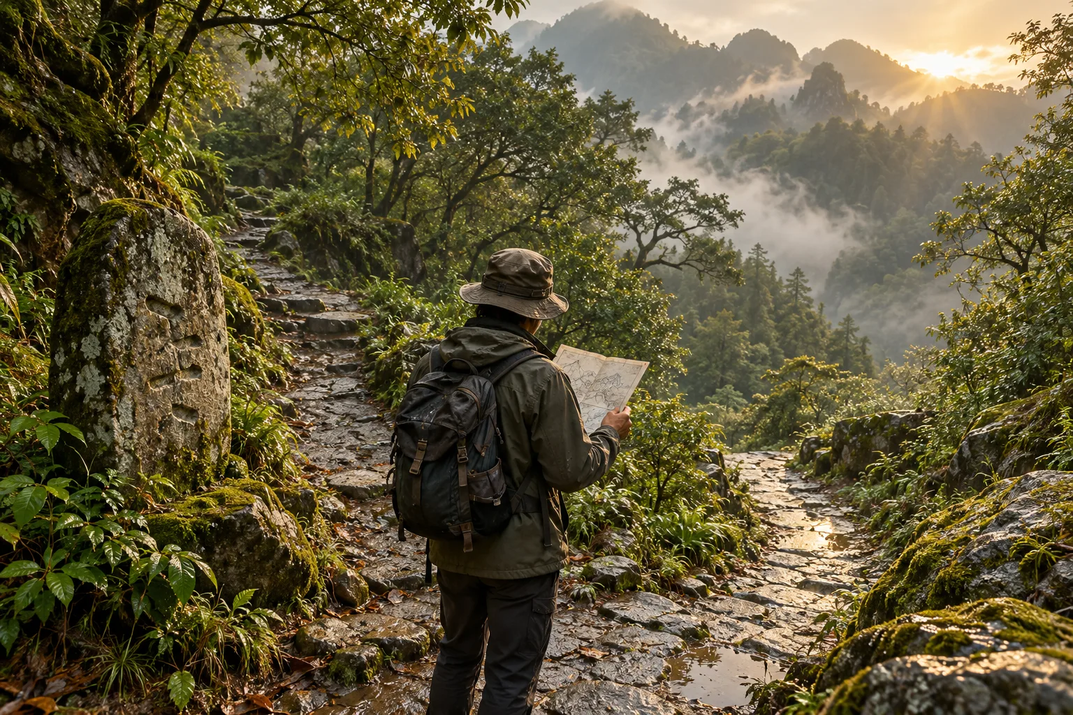 Conceptual AI-generated photograph of a traveler comparing a paper diagram with two paths beside an eroded stone way-marker in a green mountain forest.