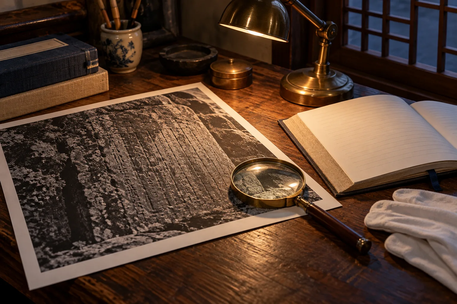Conceptual AI-generated still life of a photographed stone inscription, magnifying glass, blank notebook and cotton gloves on a warm research desk.