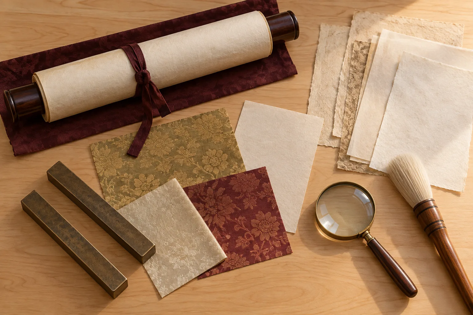 Conceptual AI-generated overhead photograph of a rolled blank handscroll, plain papers, silk mounting samples, scroll weights, magnifying glass and soft brush on a warm wooden table.