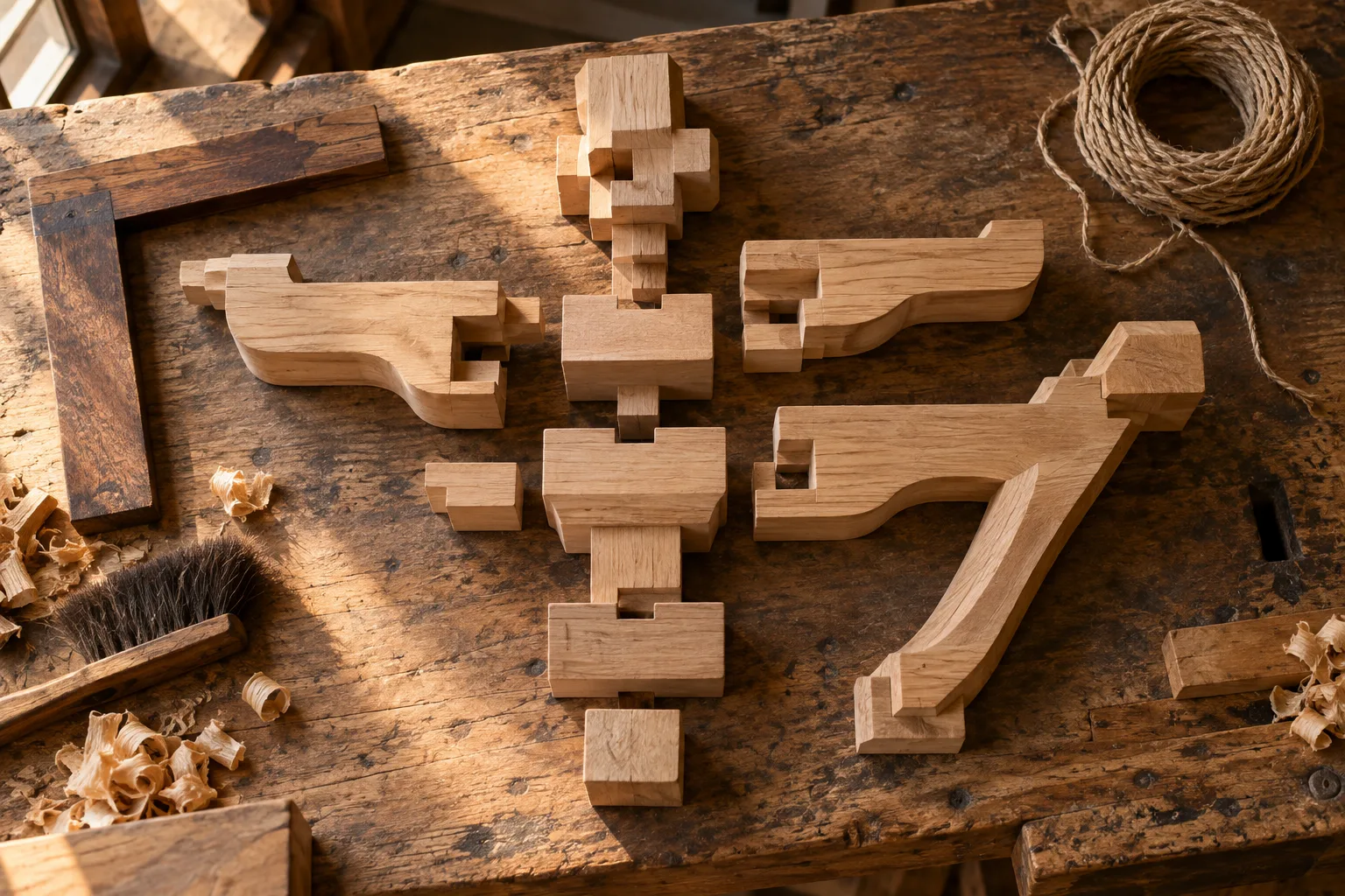 Photographie conceptuelle générée par IA, vue du dessus, de blocs porteurs et de bras de console en bois non peint, disposés séparément sur un établi chaleureux avec une équerre, une brosse et une corde de chanvre.