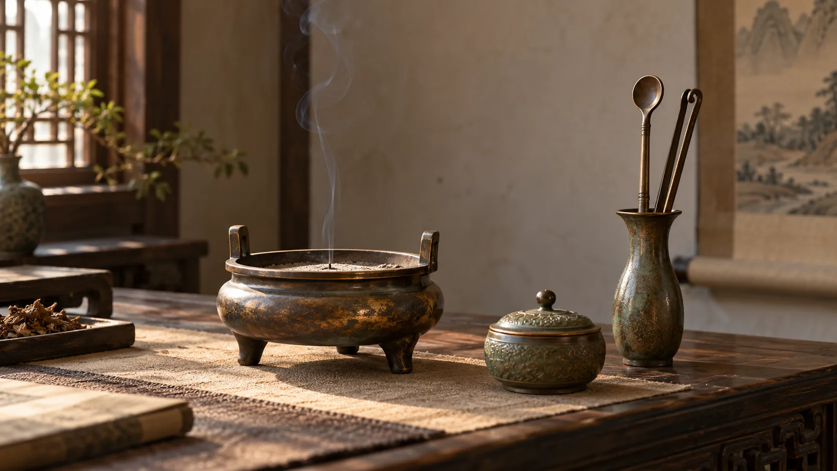 Nature morte conceptuelle générée par IA avec brûle-parfum, boîte couverte et vase à outils fictifs dans un cabinet de lettré