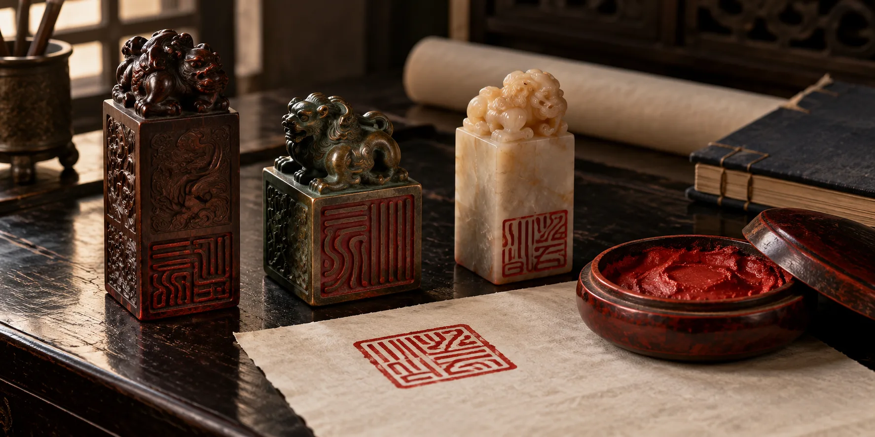 Nature morte conceptuelle générée par IA montrant trois matrices de sceaux rituels fictifs, de la pâte de cinabre et une empreinte rouge abstraite sur papier artisanal