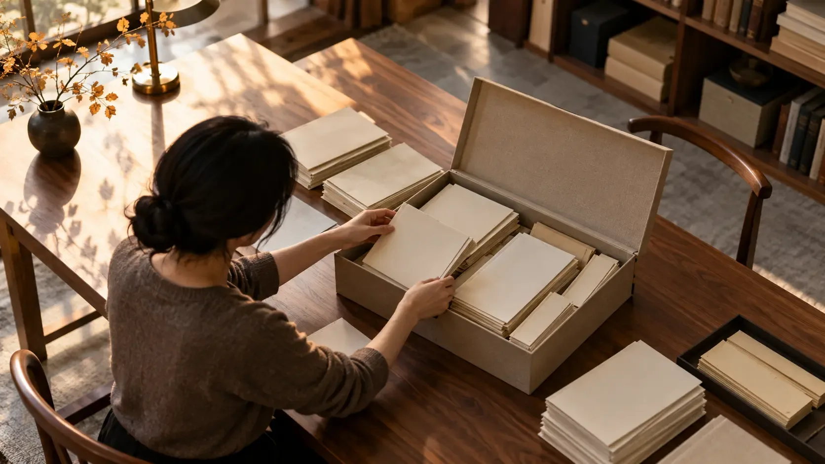 An anonymous contemporary researcher sorts blank folded fascicles, correspondence packets and paper slips into one archival box in a warm reading room.