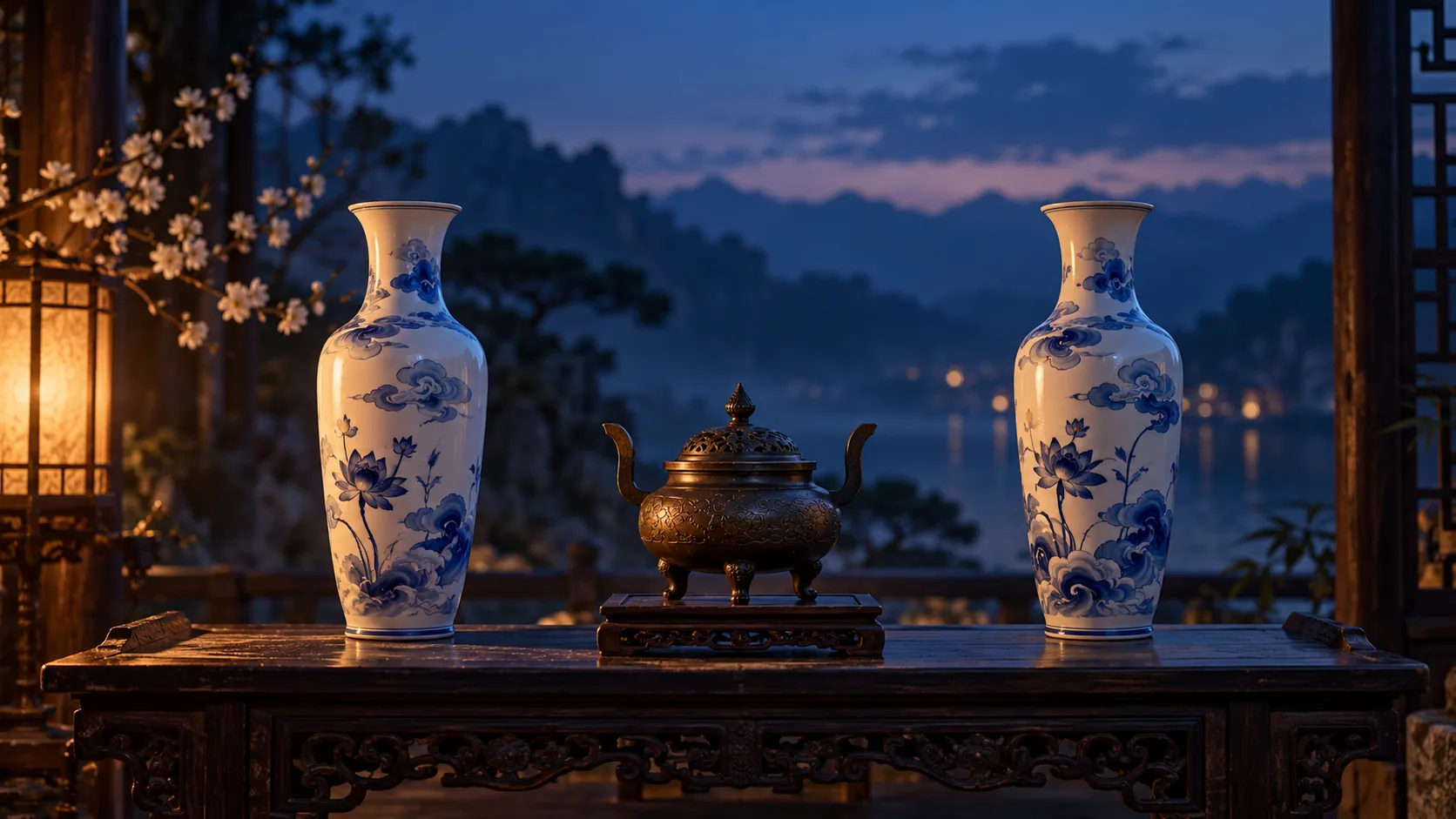 Photographie conceptuelle générée par IA de deux vases fictifs en porcelaine bleu-et-blanc encadrant un brûle-parfum sur une table au crépuscule