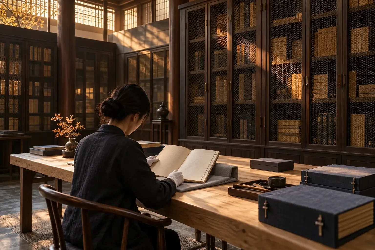 An anonymous modern conservator, seen from behind, examines a blank thread-bound volume in a warm invented rare-book reading room.