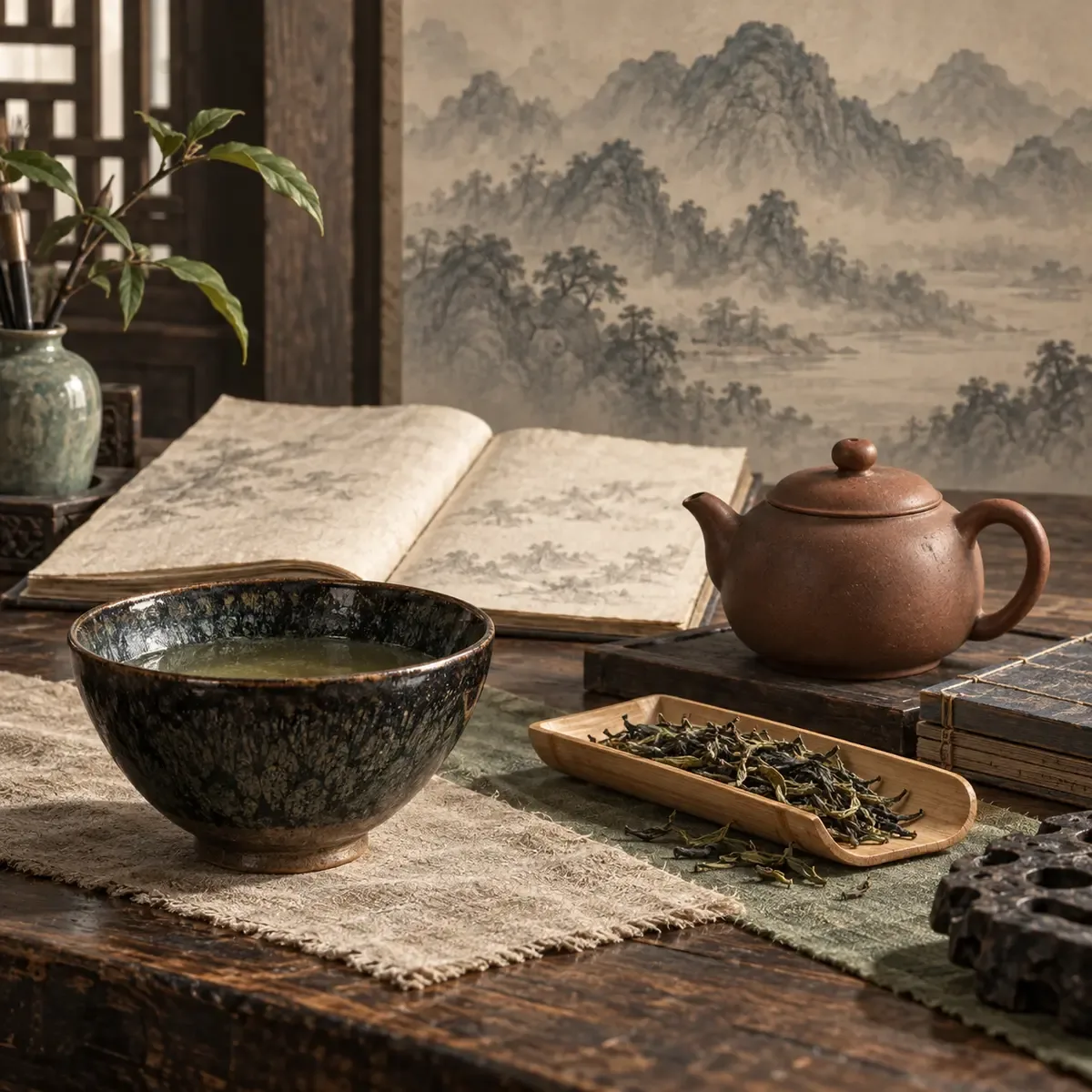 Scène d'étude interprétative avec bol à glaçure sombre, théière en terre, feuilles de thé et folio illustré ouvert sans écriture devant une peinture de montagne