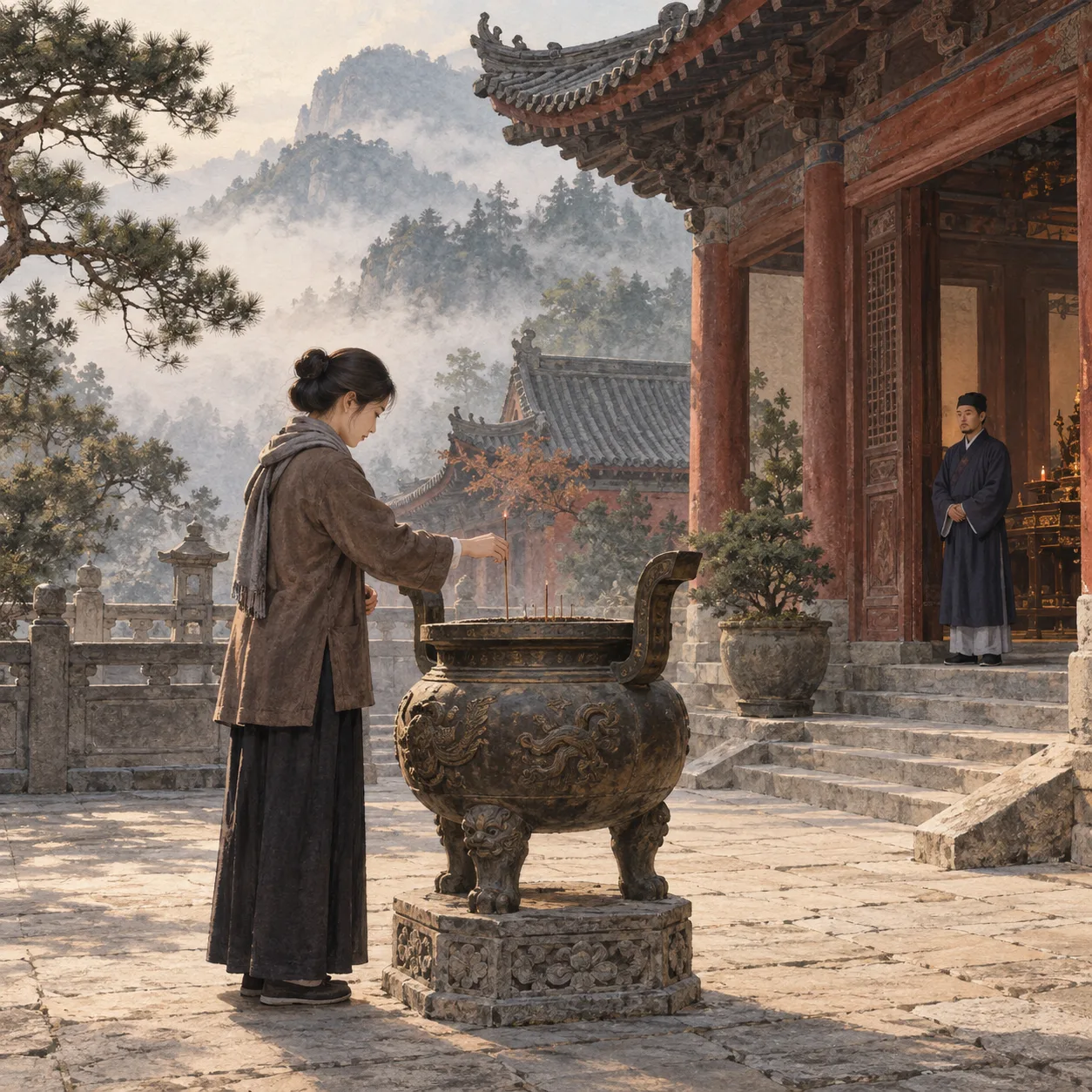 Visiteuse illustrée offrant un petit bâton dans un brûle-parfum extérieur, sous le regard distant d’un gardien du temple