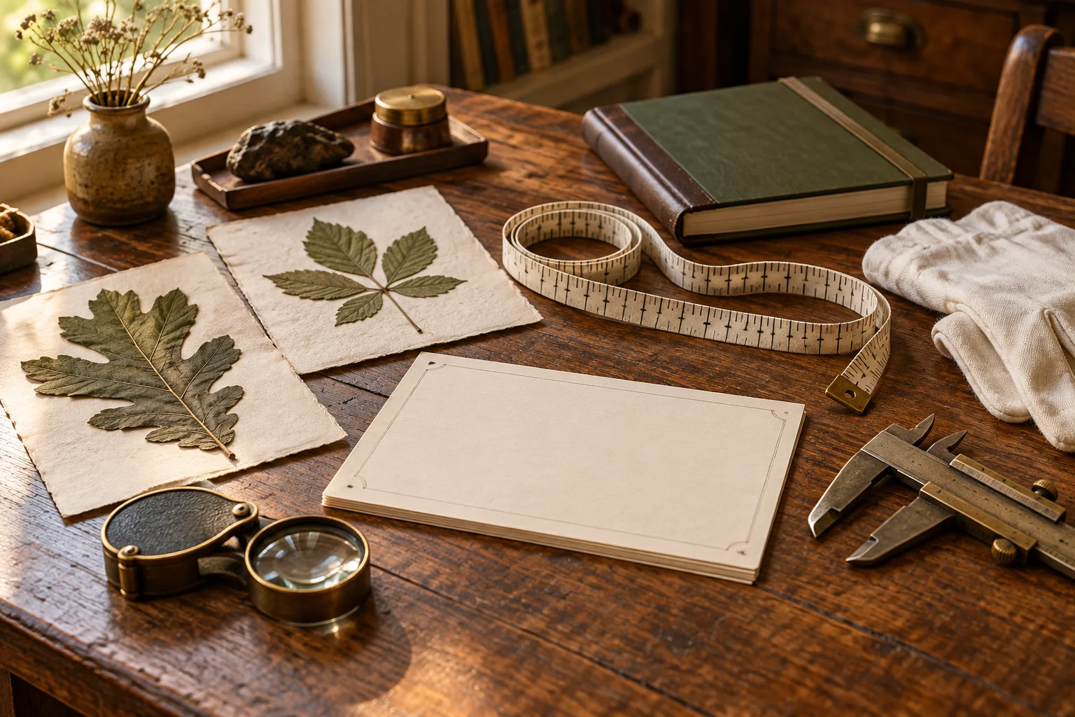 Photographie conceptuelle générée par IA d’une table fictive de documentation arboricole avec feuilles pressées, fiche vierge, carnet de terrain, gants, loupe et instruments de mesure.