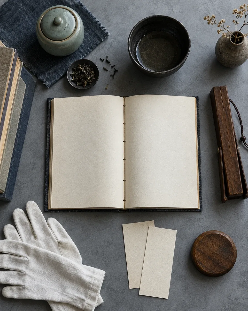 Nature morte conceptuelle vue du dessus : livre cousu et fiches vierges, bol de thé, pot couvert, claquoir en bois et gants de coton sur une table grise