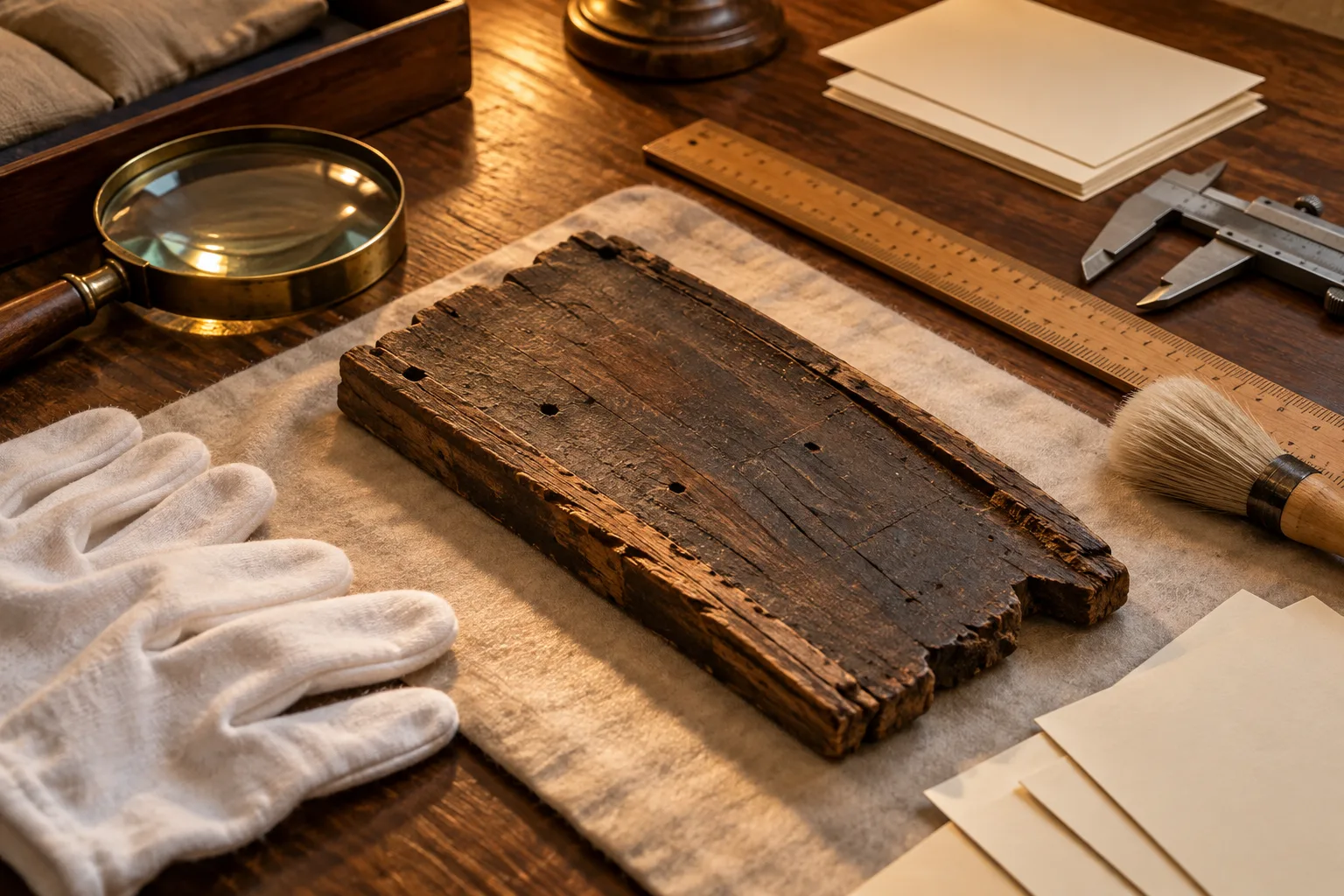 Conceptual AI-generated overhead photograph of a blank weathered wooden plaque fragment examined with conservation tools on an archive table.