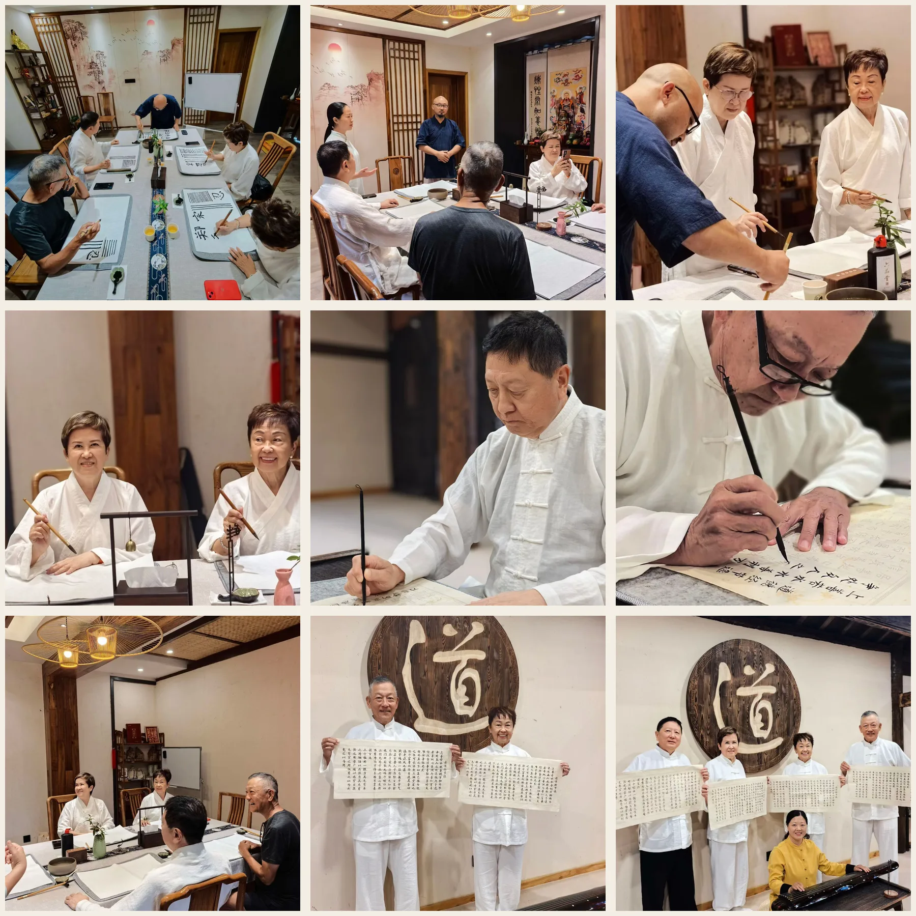 Nine photographs tracing a calligraphy gathering from shared practice to the presentation of completed scrolls.