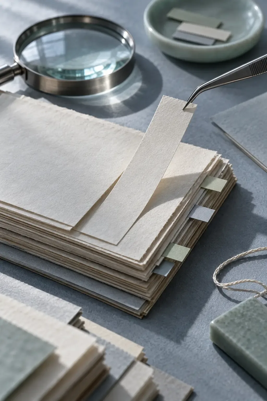 Cool vertical conceptual photograph of blank layered sheets, an excerpt strip held by tweezers, a magnifying lens, separator tabs and cotton cord on a blue-gray conservation surface.