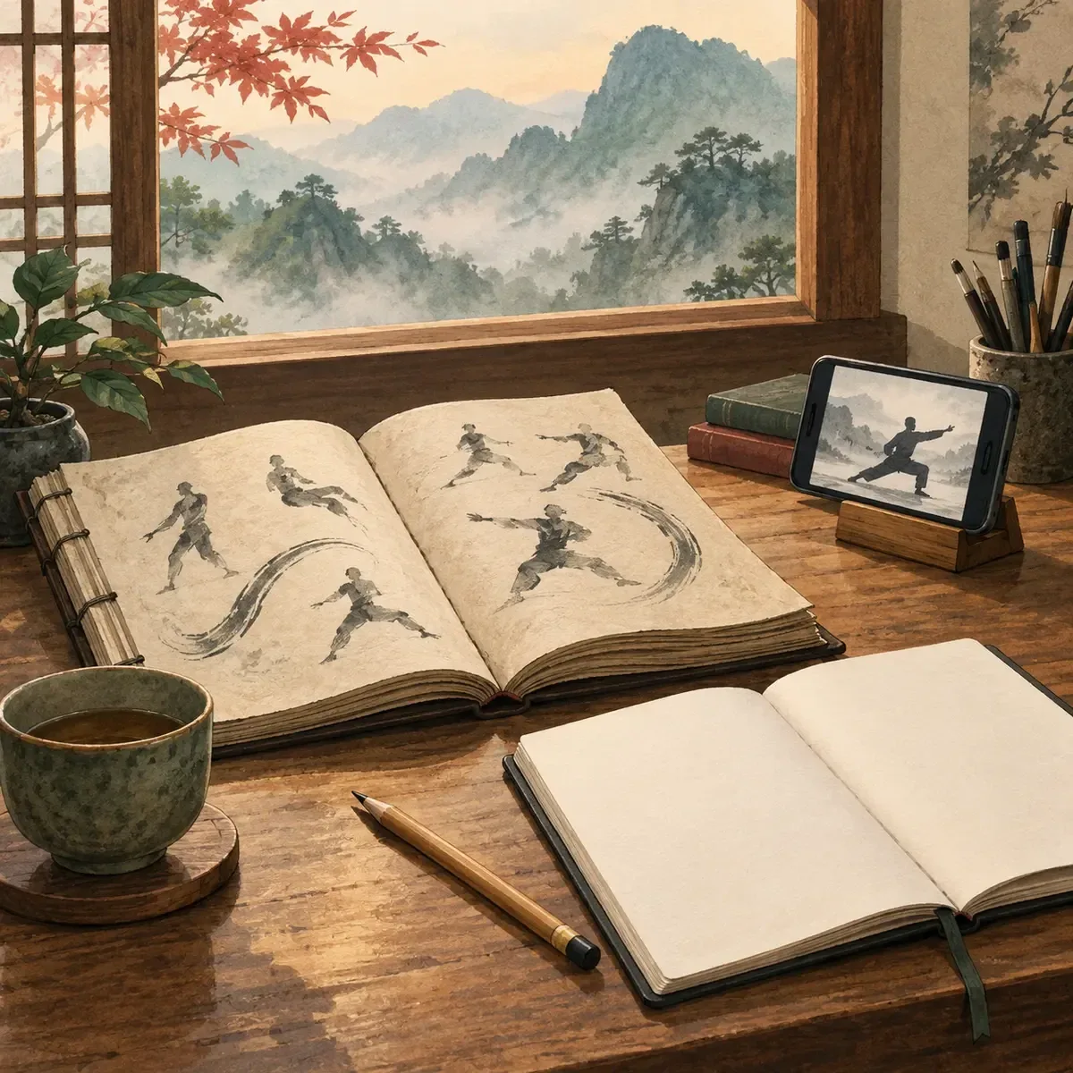 Table d’étude illustrée avec un livre de mouvements, un carnet vierge et une pratique filmée sur un écran
