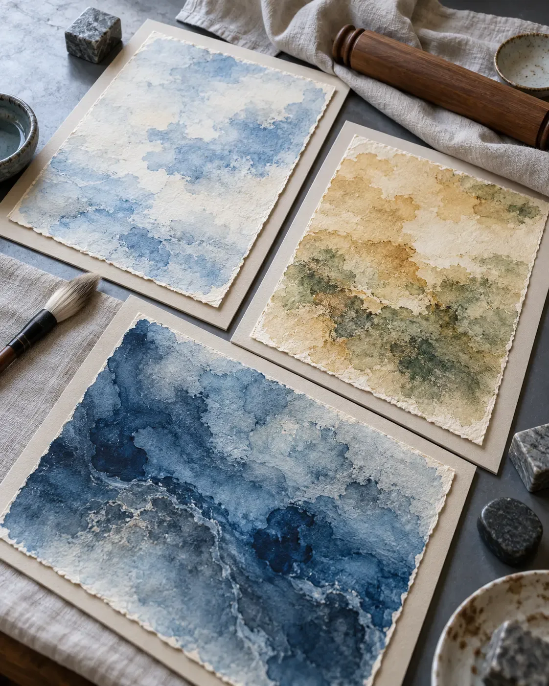 Photographie conceptuelle d’un atelier de conservation montrant trois études abstraites vierges sur papier, bleu pâle, ocre terre et bleu profond