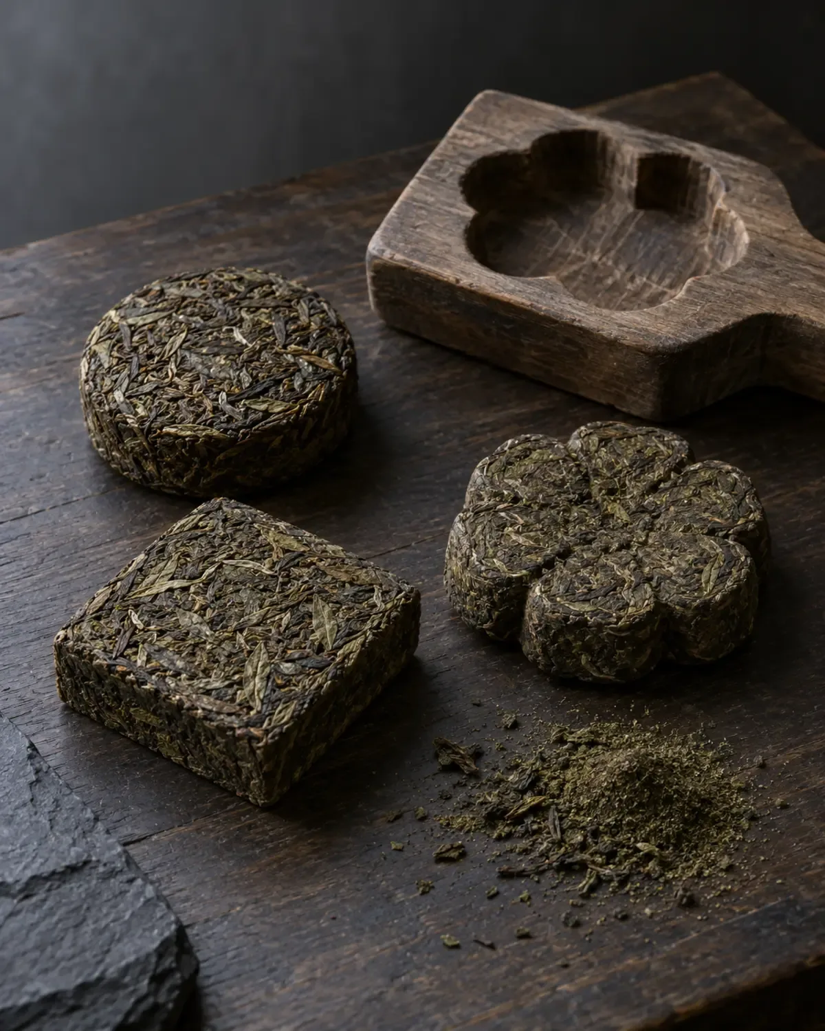 Nature morte conceptuelle montrant trois gâteaux de thé de formes différentes, un moule en bois sans inscription et un peu de poudre sur une table d’étude sombre