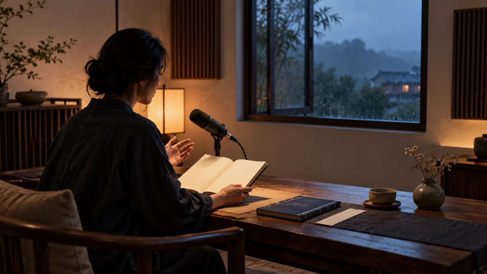 概念性當代照片:虛構雨夜書房中,一位不具名文化講授者對著無品牌麥克風誦讀空白書頁
