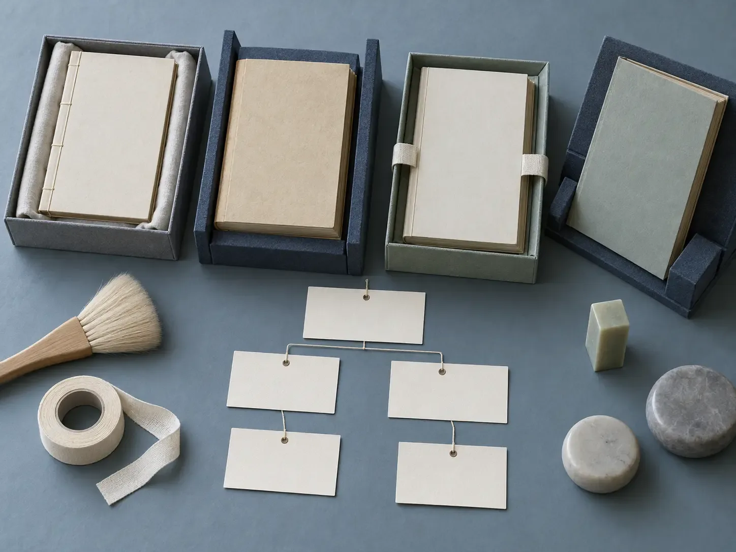 Overhead conceptual photograph of four blank modern facsimile book blocks in archival cradles, with blank catalogue cards branching between conservation tools.