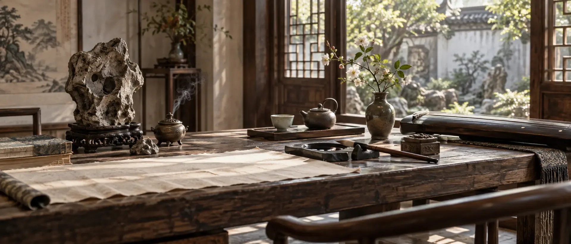 Une table d’atelier traditionnel réunit pierre de lettré, thé, encens, pinceaux, fleurs et guqin.
