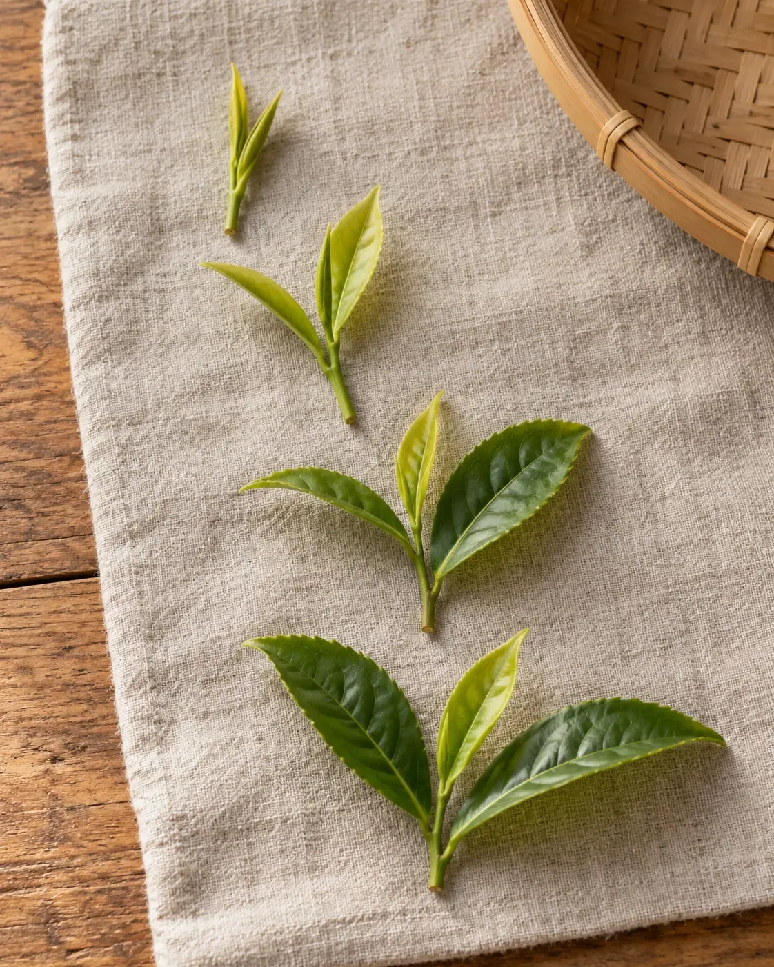 Étude conceptuelle vue du dessus de quatre pousses de thé à différents stades d’ouverture des feuilles, sur une toile de lin unie