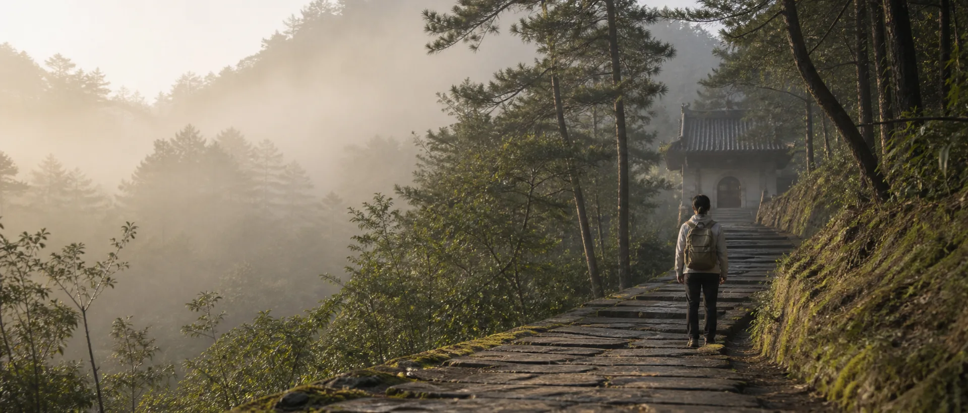 A misty Wudang mountain path leading toward a traditional temple gateway